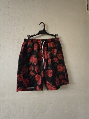 Men's Black Board Shorts with Red Rose Print